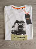 BOSS white graphic t-shirt featuring black and olive all-terrain vehicle print, 100% cotton.
