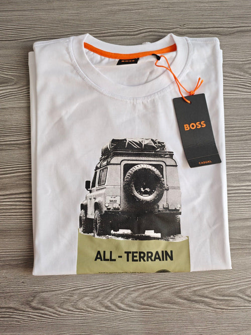 BOSS white graphic t-shirt featuring black and olive all-terrain vehicle print, 100% cotton.