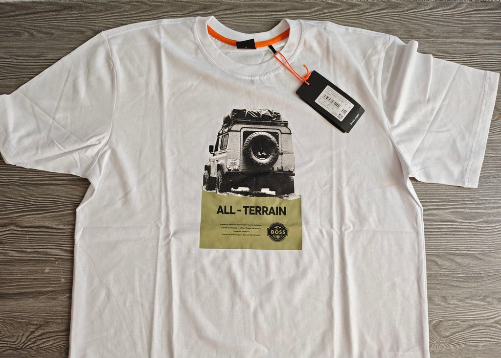 BOSS white graphic t-shirt featuring black and olive all-terrain vehicle print, 100% cotton.