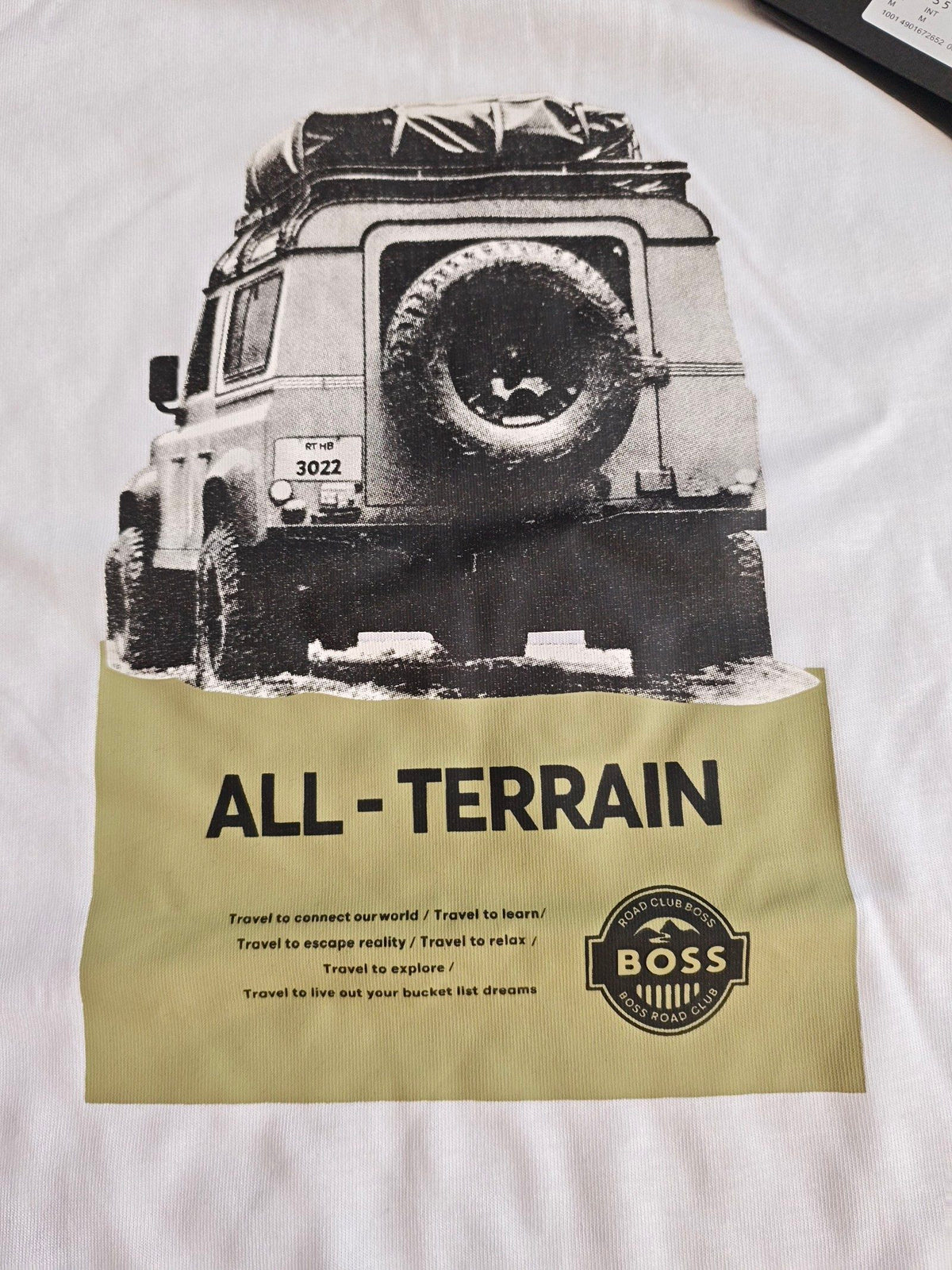 BOSS white graphic t-shirt featuring black and olive all-terrain vehicle print, 100% cotton.