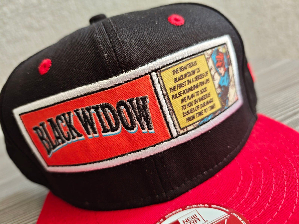New Era snapback cap black and red with embroidered Black Widow patch and Marvel branding.
