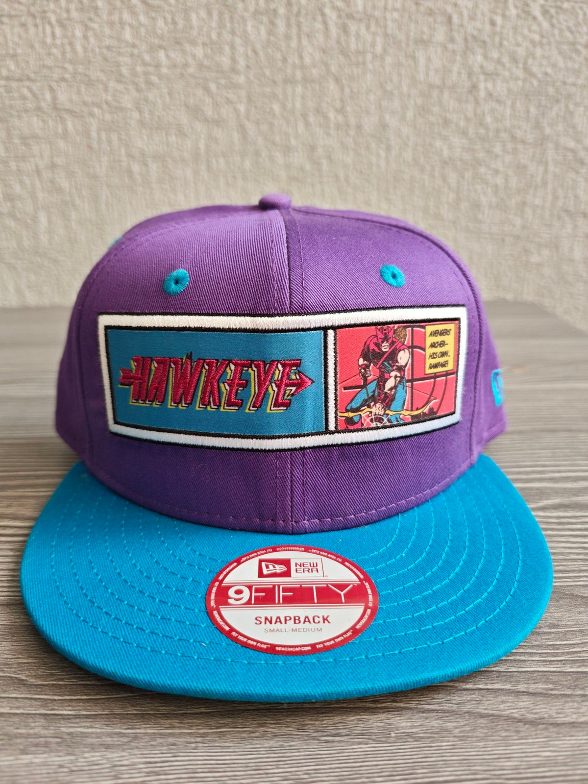 New Era snapback cap purple crown blue brim Marvel Hawkeye patch embroidered logo