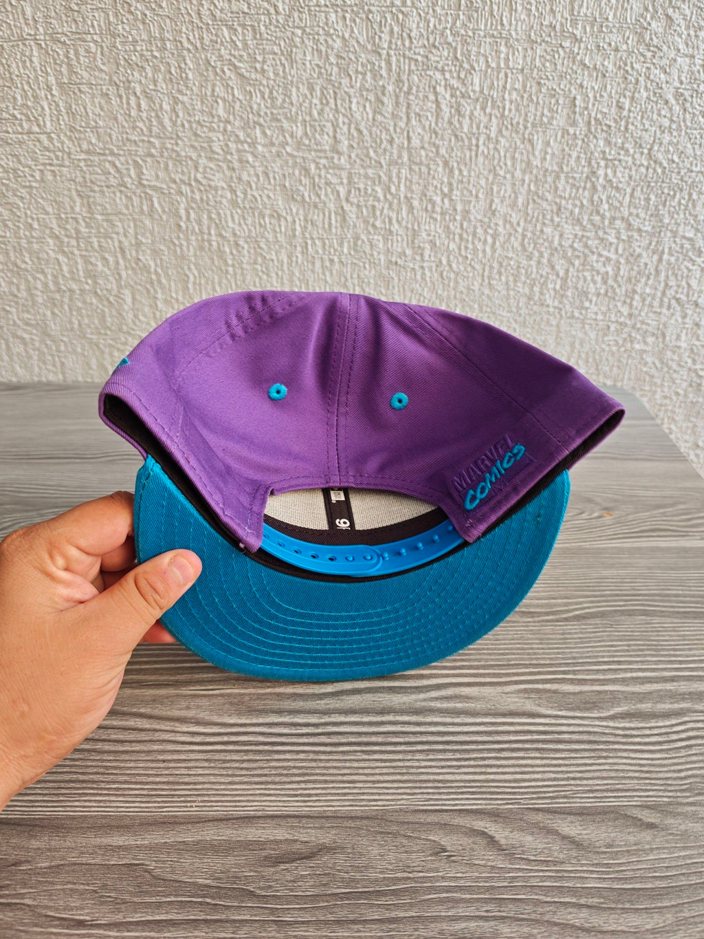 New Era snapback cap purple crown blue brim Marvel Hawkeye patch embroidered logo