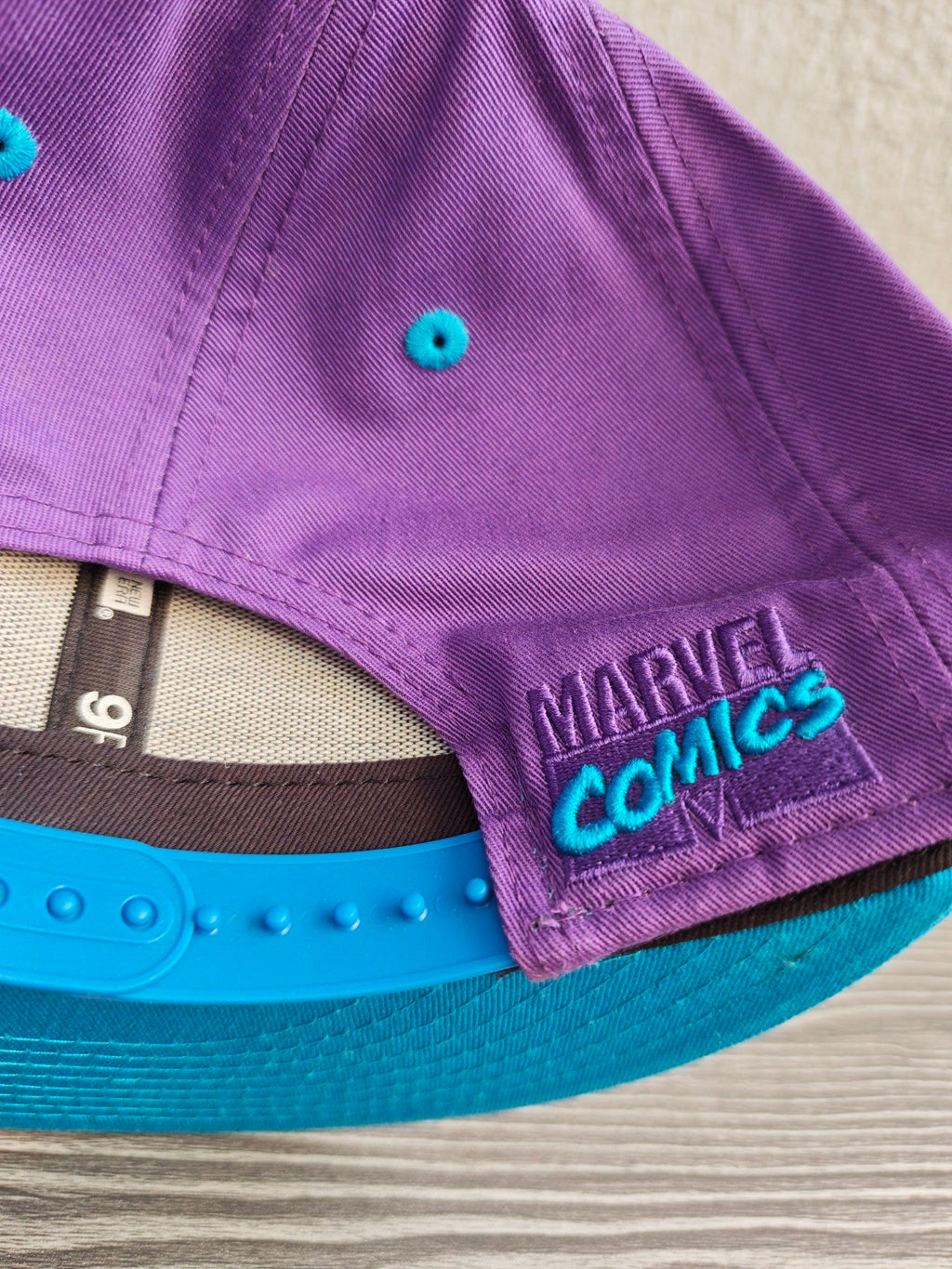 New Era snapback cap purple crown blue brim Marvel Hawkeye patch embroidered logo