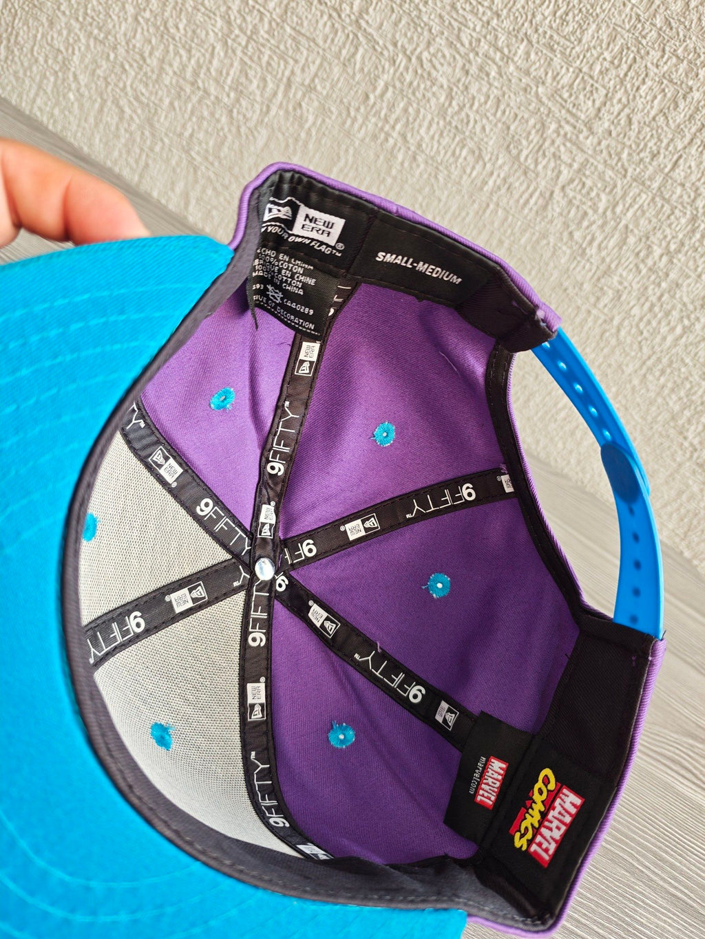 New Era snapback cap purple crown blue brim Marvel Hawkeye patch embroidered logo