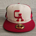 New Era red and cream fitted cap with CA logo and multicolored plaid pattern.